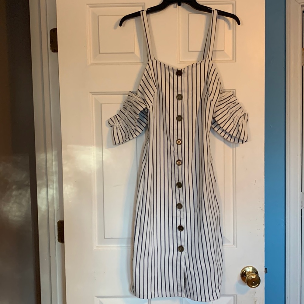 NWT. Blue pinstriped white off the should body con dress.